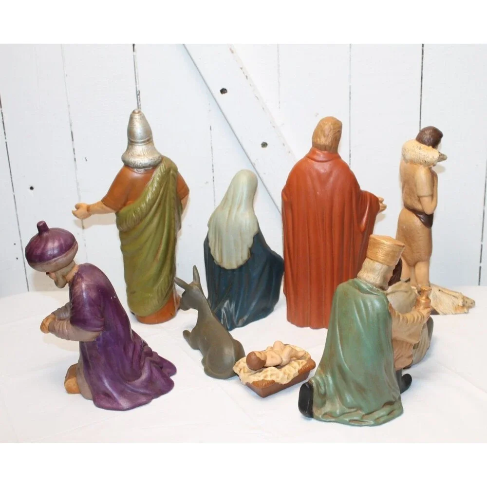 VTG 9pc Nativity Scene Set Ceramic Hand Painted Figures/Animals